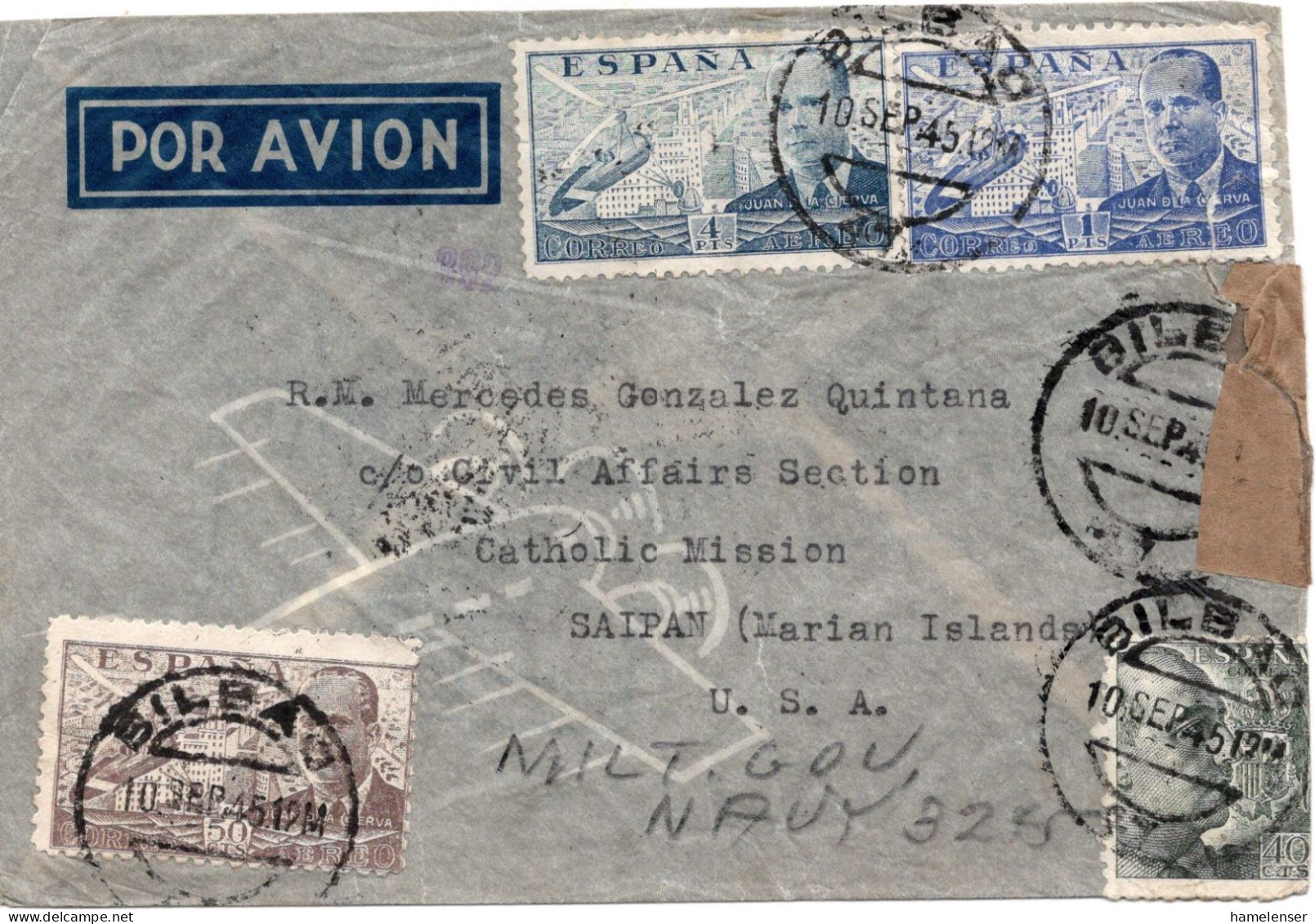 71633 - Spanien - 1945 - 4Ptas Luftpost MiF A LpBf BILBAO -> Saipan, M Span Zensur, Kurz Nach Japan Kapitulation - Storia Postale