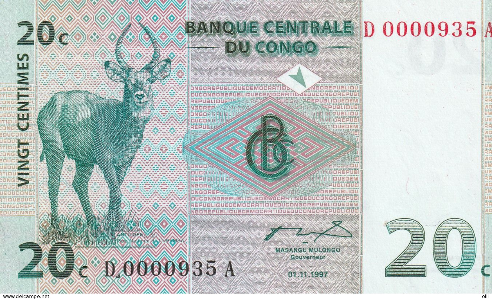 CONGO Dem:Rep. 20 Centime - 1997  P- 83 - Unc. - Repubblica Democratica Del Congo & Zaire