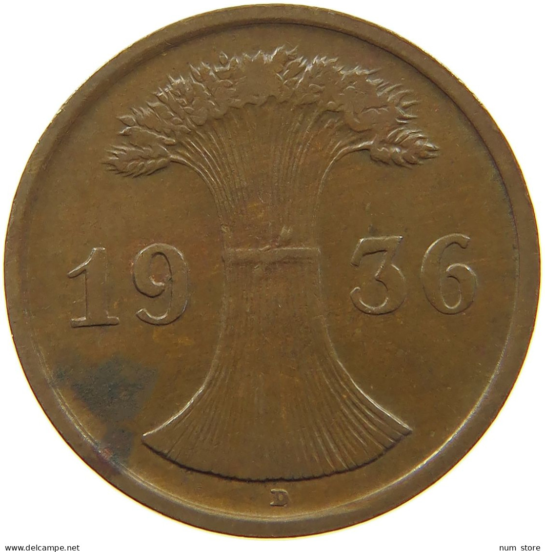 DRITTES REICH 2 PFENNIG 1936 D WEAK STRUCK #a074 0597 - 2 Reichspfennig