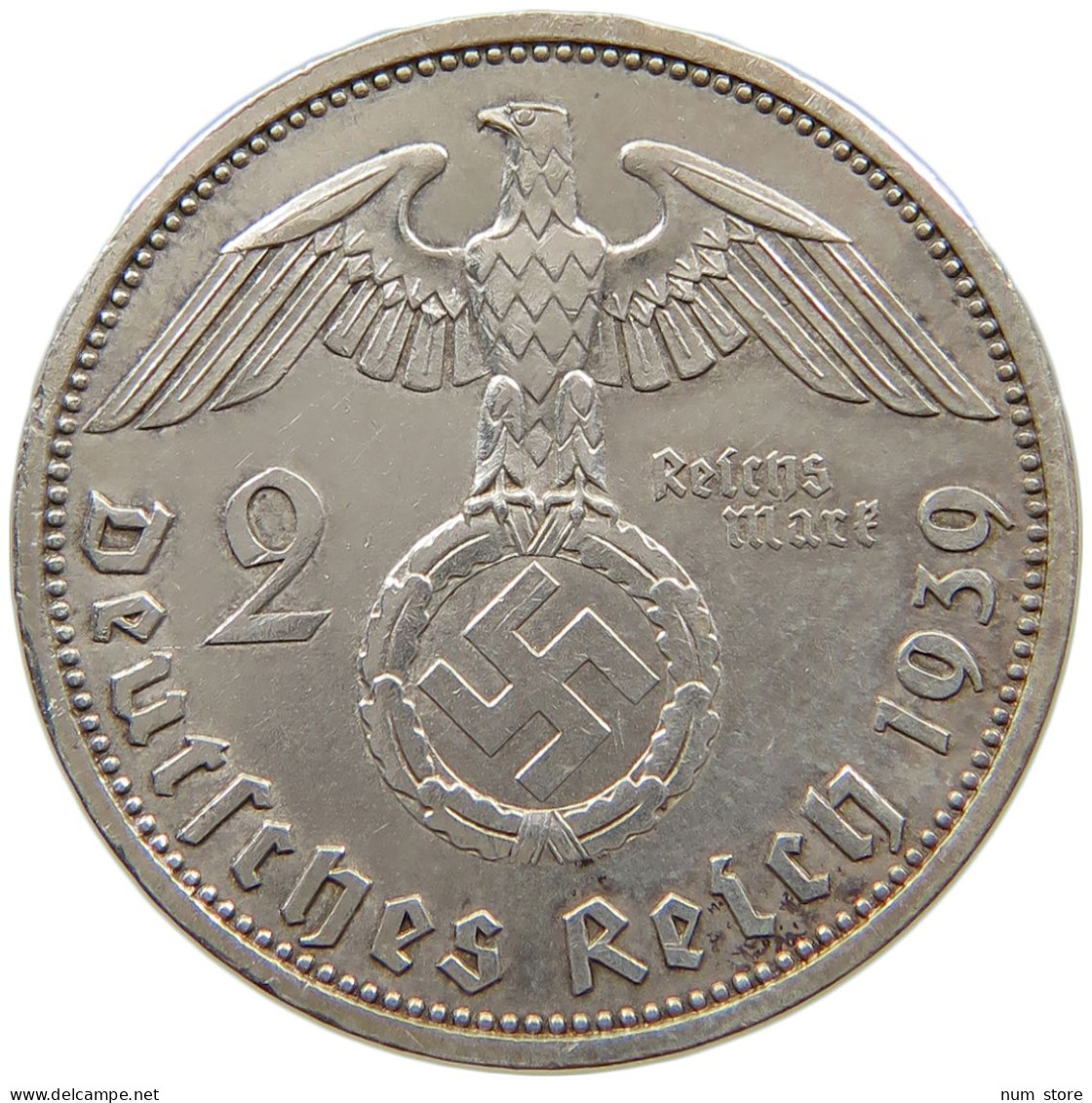 DRITTES REICH 2 MARK 1939 A HINDENBURG #t159 0073 - 2 Reichsmark