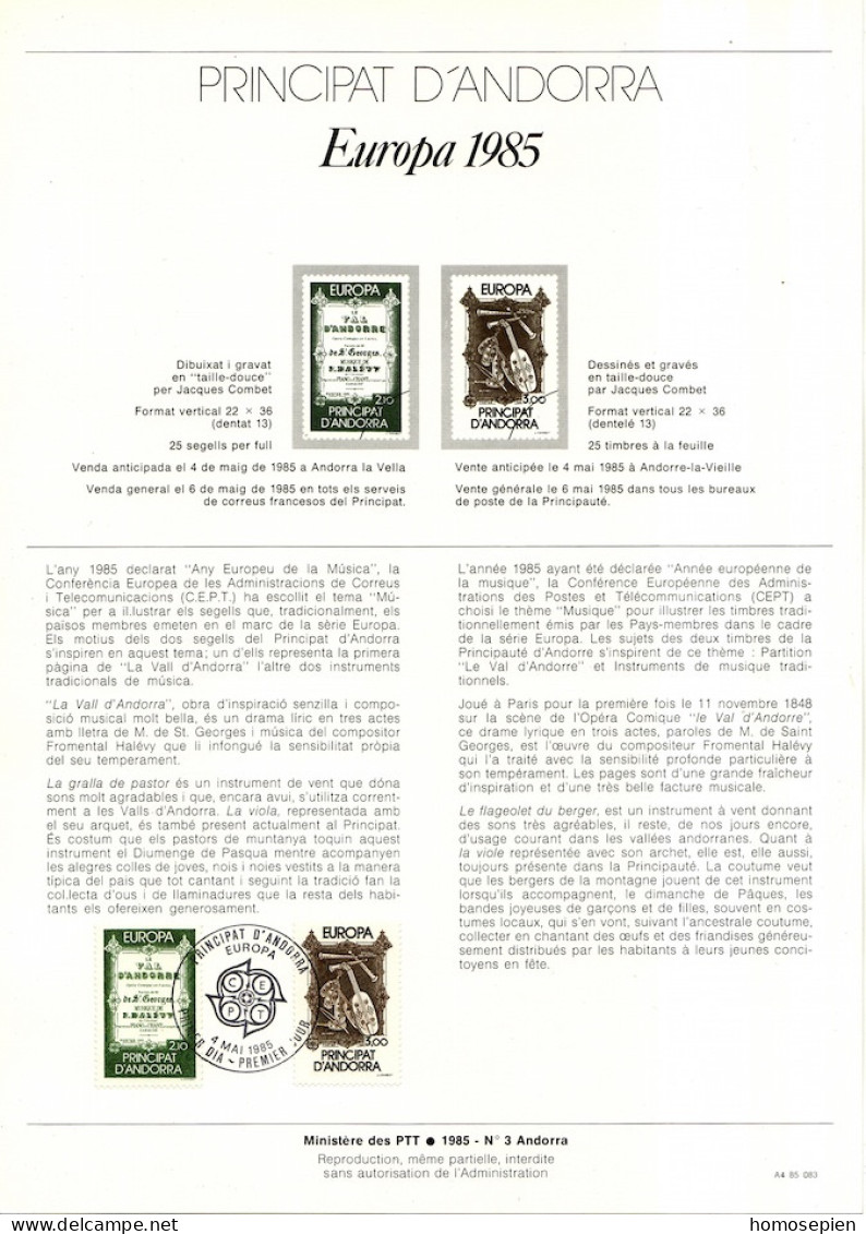 Andorre Français - Andorra Document 1985 Y&T N°DP339 à 340 - Michel N°PD360 à 361 (o) - EUROPA - Format A4 - Type 1(PTT) - Lettres & Documents