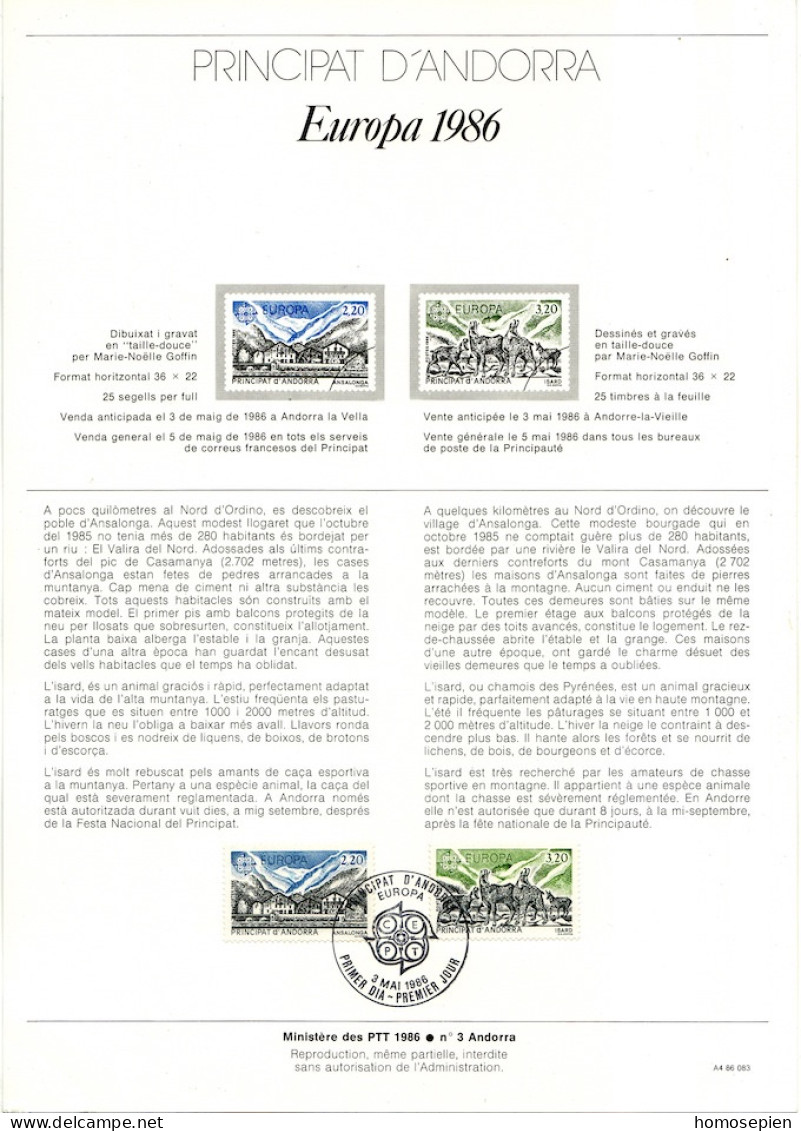 Andorre Français - Andorra Document 1986 Y&T N°DP348 à 349 - Michel N°PD369 à 370 (o) - EUROPA - Format A4 - Type 1(PTT) - Brieven En Documenten