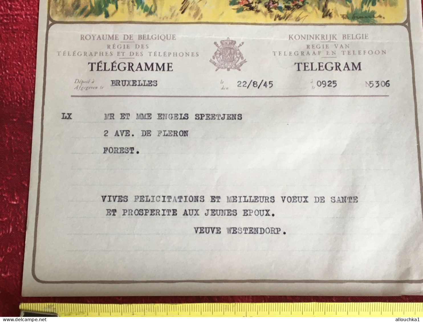 1945-WW2- Bruxelles -Forest  - Telegram -Télégramme Illustré Chromo Royaume De Belgique Régie Des Télégraphes/Téléphone- - Télégrammes