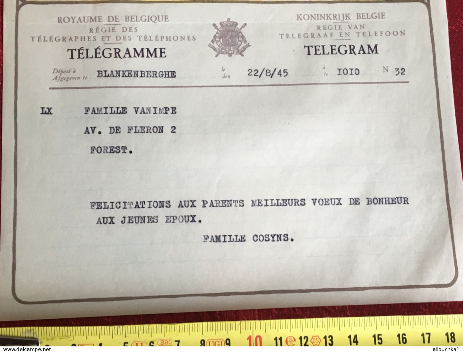 1945-WW2- Bruxelles -Forest  - Telegram -Télégramme Illustré Chromo Royaume De Belgique Régie Des Télégraphes/Téléphone- - Telegrams