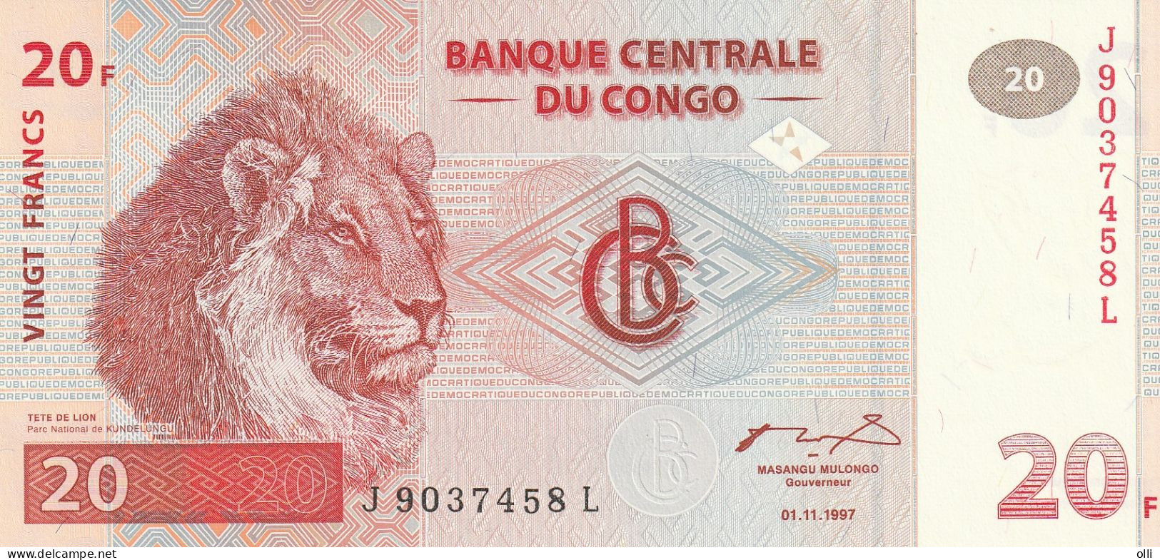 CONGO Dem:Rep. 20 Francs .1997, P-88   UNC - Repubblica Democratica Del Congo & Zaire