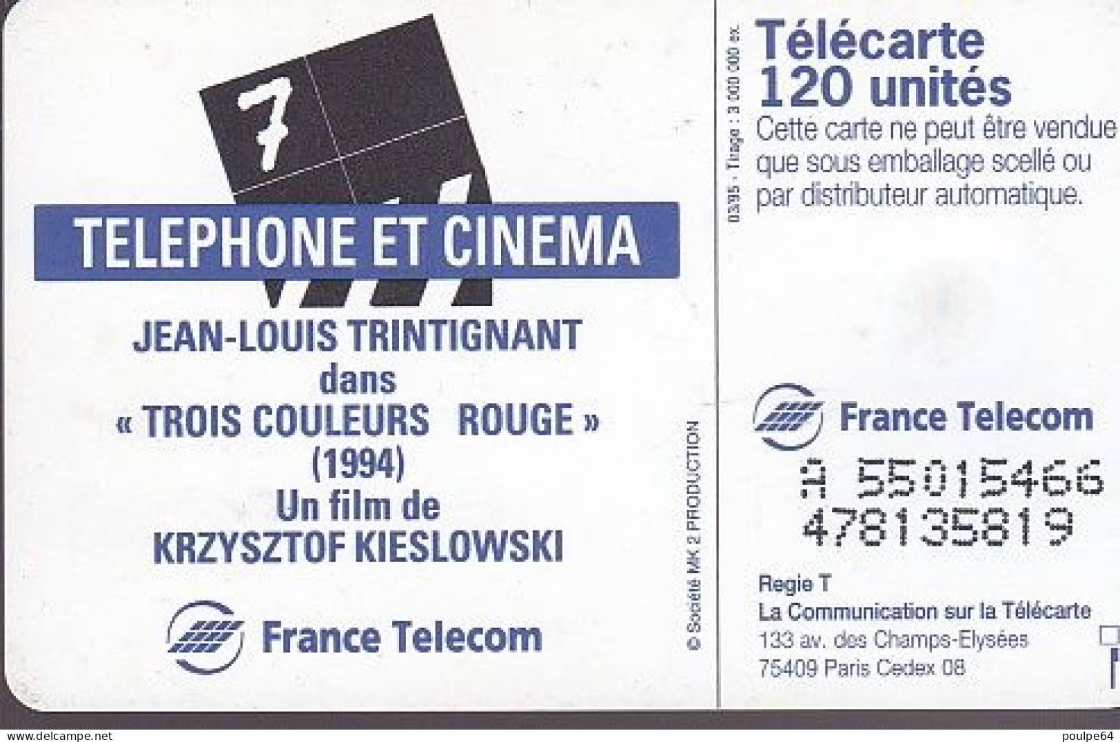 F546A - 03/1995 - JEAN-LOUIS TRINTIGNANT - 50 SO3 - (verso : N° Deux Lignes - 2ème Ligne Vers La Gauche Sous Le A) - 1995