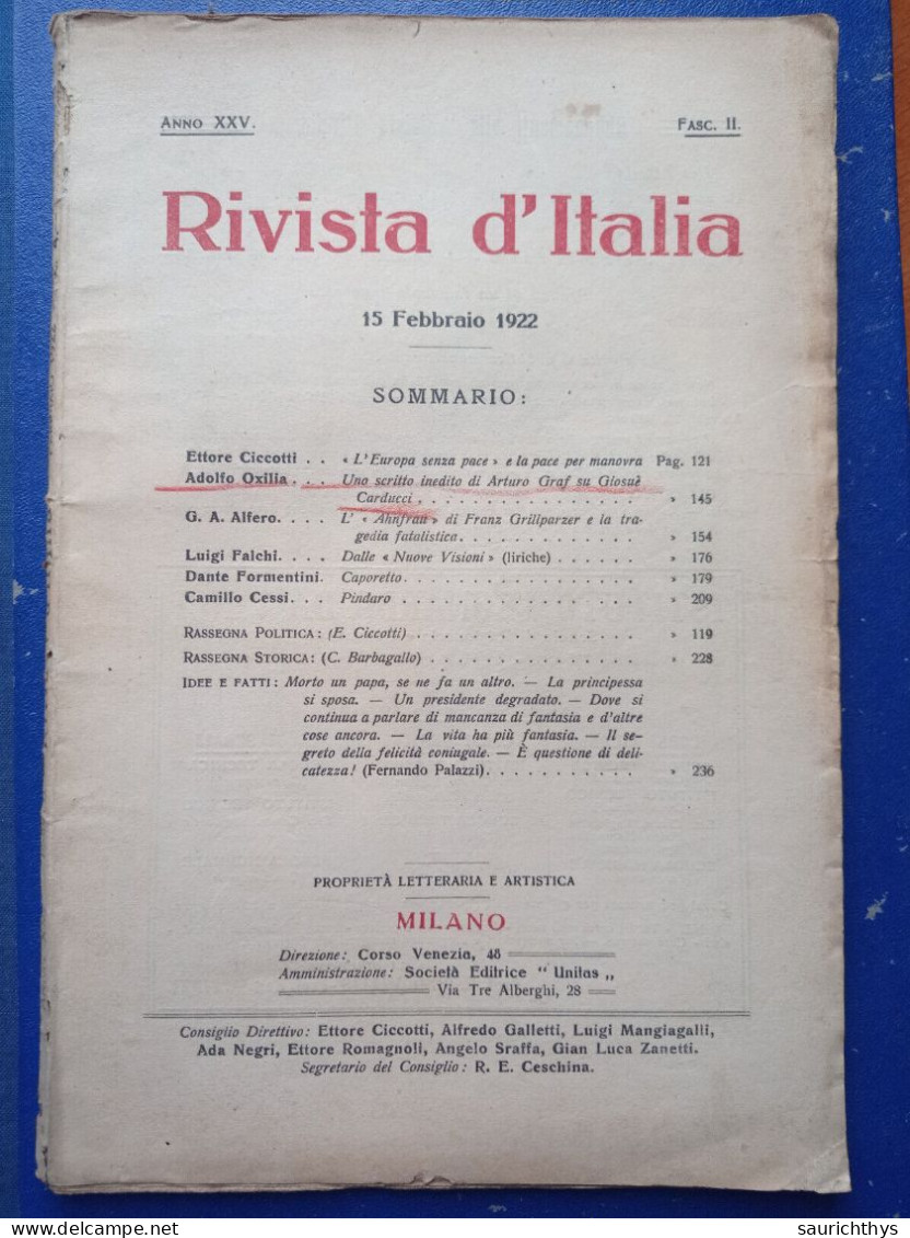 Rivista D'Italia 1922 Con Autografo Adolfo Oxilia Da Parma - Arturo Graf Su Giosué Carducci - Caporetto - Pindaro - History, Biography, Philosophy