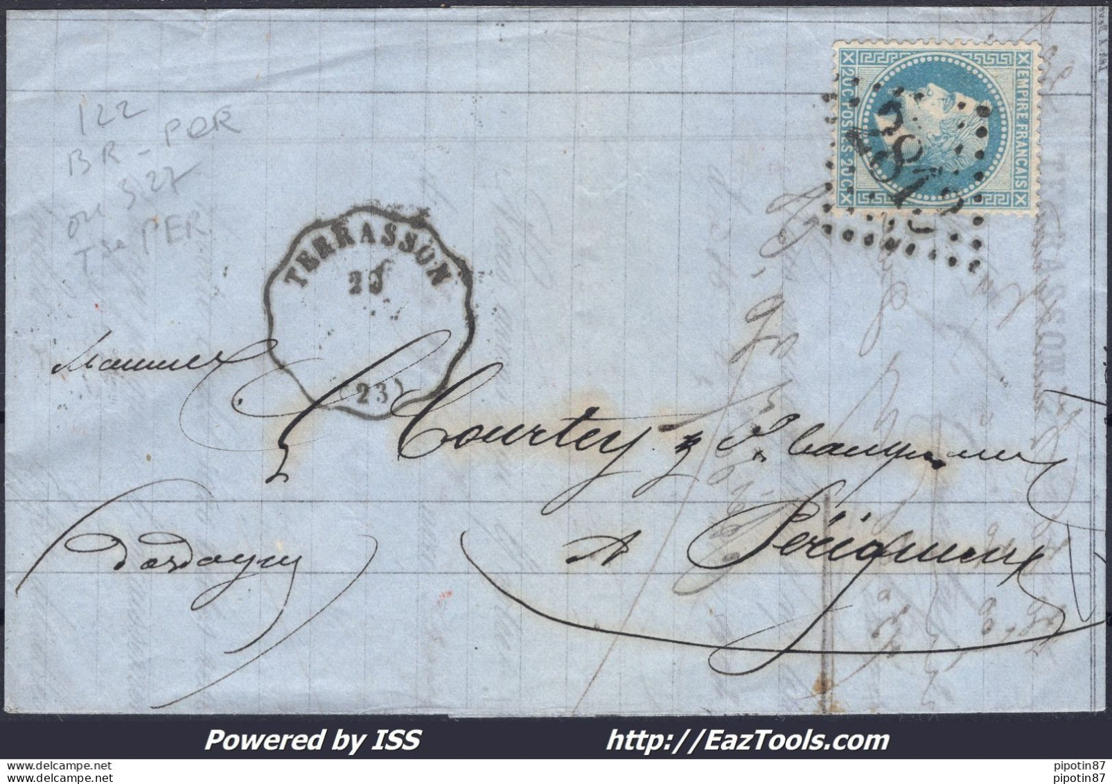 FRANCE N°29A SUR LETTRE AVEC CONVOYEUR DE STATION TERRASSON LIGNE 327 Tse.PER - 1863-1870 Napoléon III Con Laureles