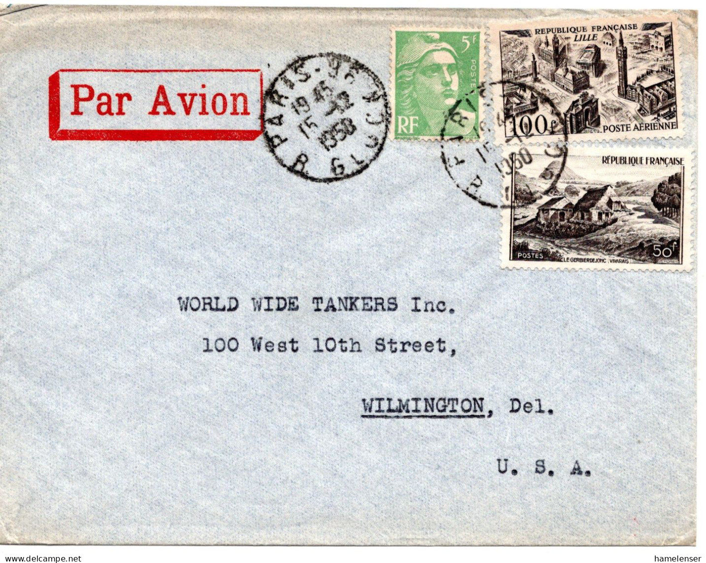 71643 - Frankreich - 1950 - 100F Luftpost MiF A LpBf PARIS -> Wilmington, DE (USA) - Lettres & Documents