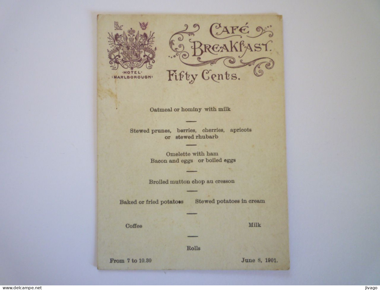 2023 - 2767  MENU  Café / Breakfast  June 8 , 1901  HOTEL MARLBOROUGH   XXX - Menus