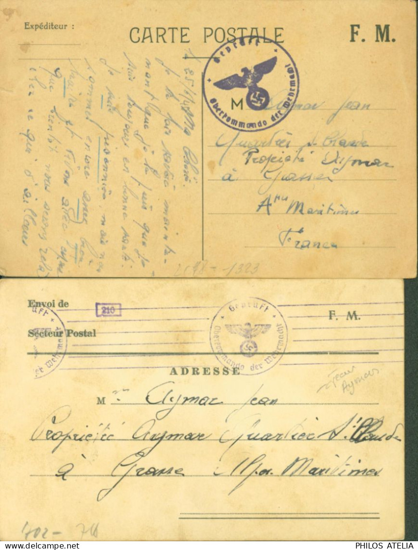 Guerre 40 2 Cartes FM Adressée à M Jean Aymar D'un Front Stalag Censure Oberkommando Der Wehrmacht Gepruft - Oorlog 1939-45