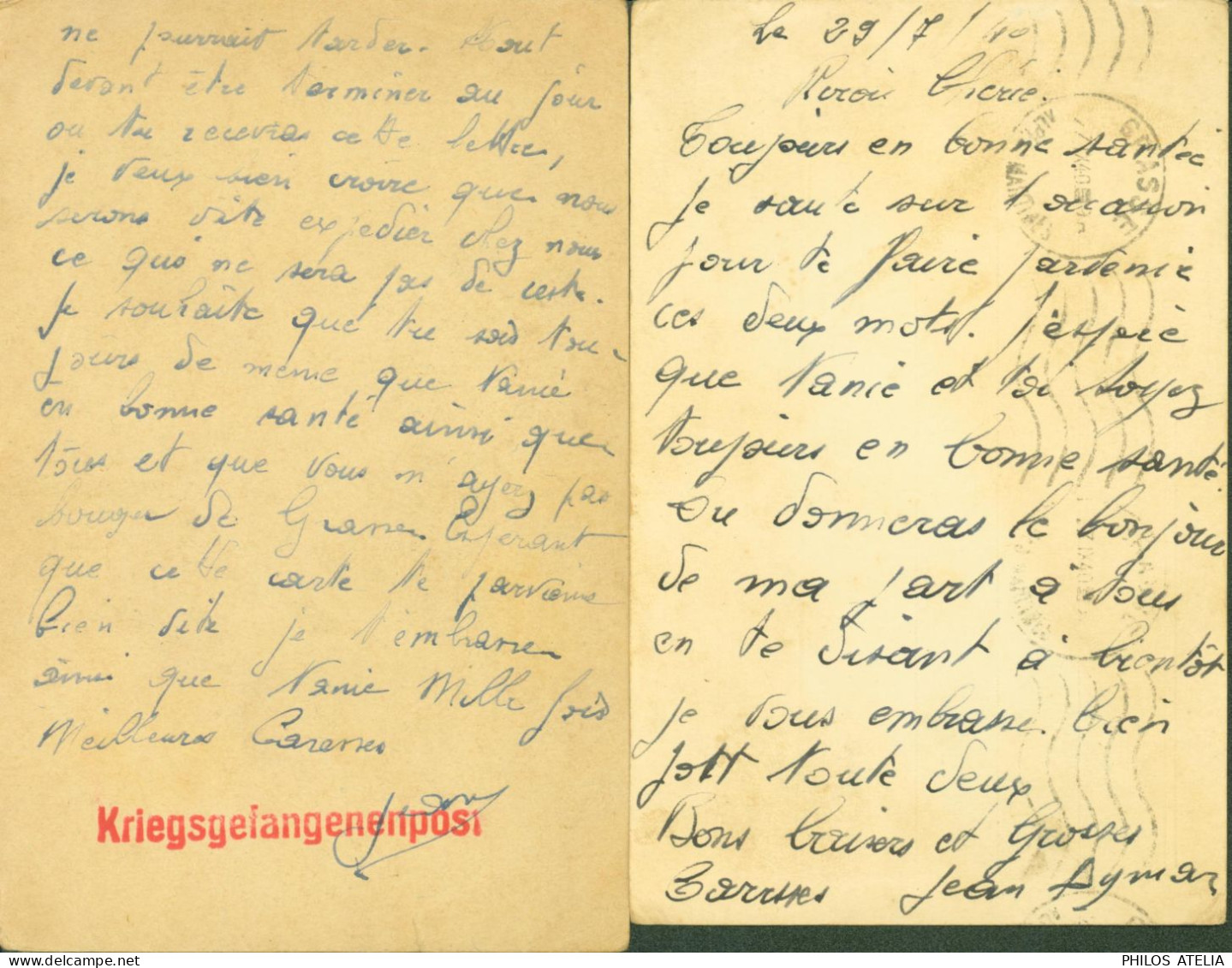 Guerre 40 2 Cartes FM Adressée à M Jean Aymar D'un Front Stalag Censure Oberkommando Der Wehrmacht Gepruft - Guerre De 1939-45