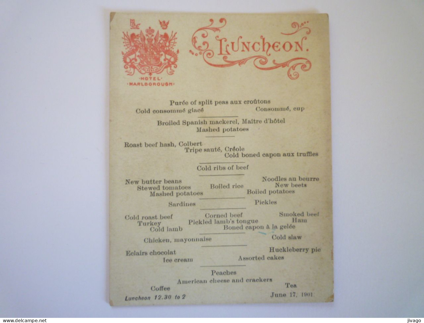 2023 - 2768  MENU  Luncheon  June 17 , 1901  HOTEL MARLBOROUGH   XXX - Menus