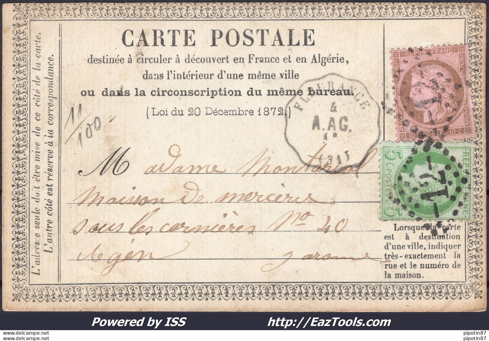 FRANCE N°53+54 SUR CP AVEC CONVOYEUR DE STATION FLEURANCE LIGNE 1 A.AG. - 1871-1875 Ceres