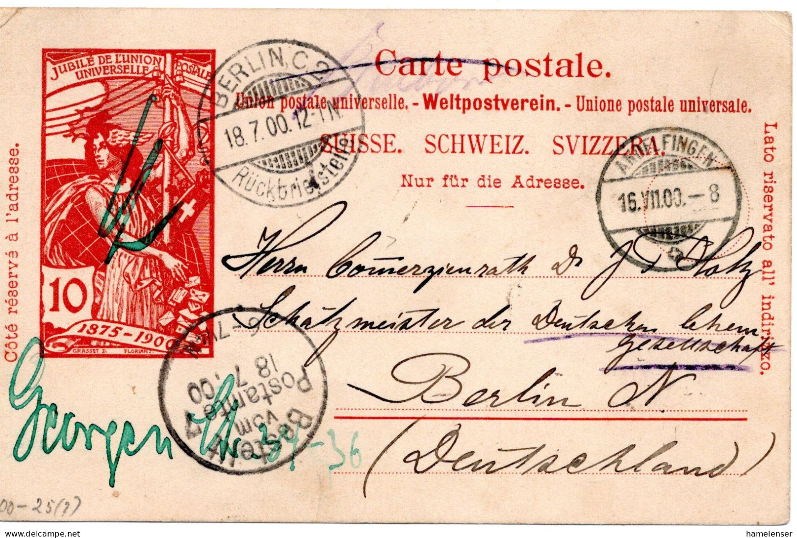 71644 - Schweiz - 1900 - 10Rp UPU GAKte ANDELFINGEN -> BERLIN RUECKBRIEFSTELLE (Deutschland), Nachgesandt - Storia Postale