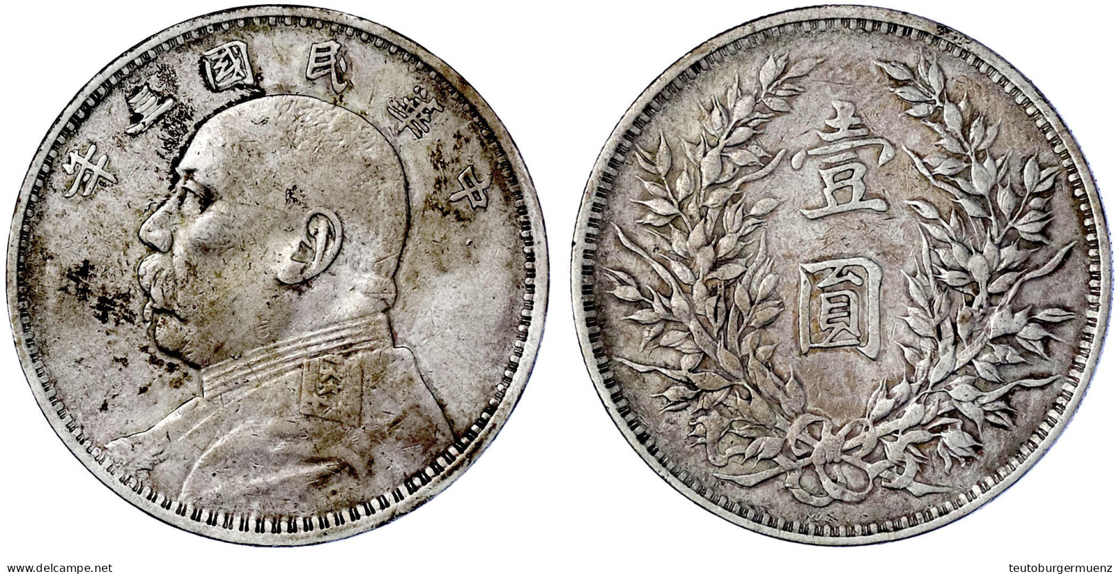 Dollar (Yuan) Jahr 3 = 1914. Präsident Yuan Shih-kai. Sehr Schön. Lin Gwo Ming 63. Yeoman 329. - China