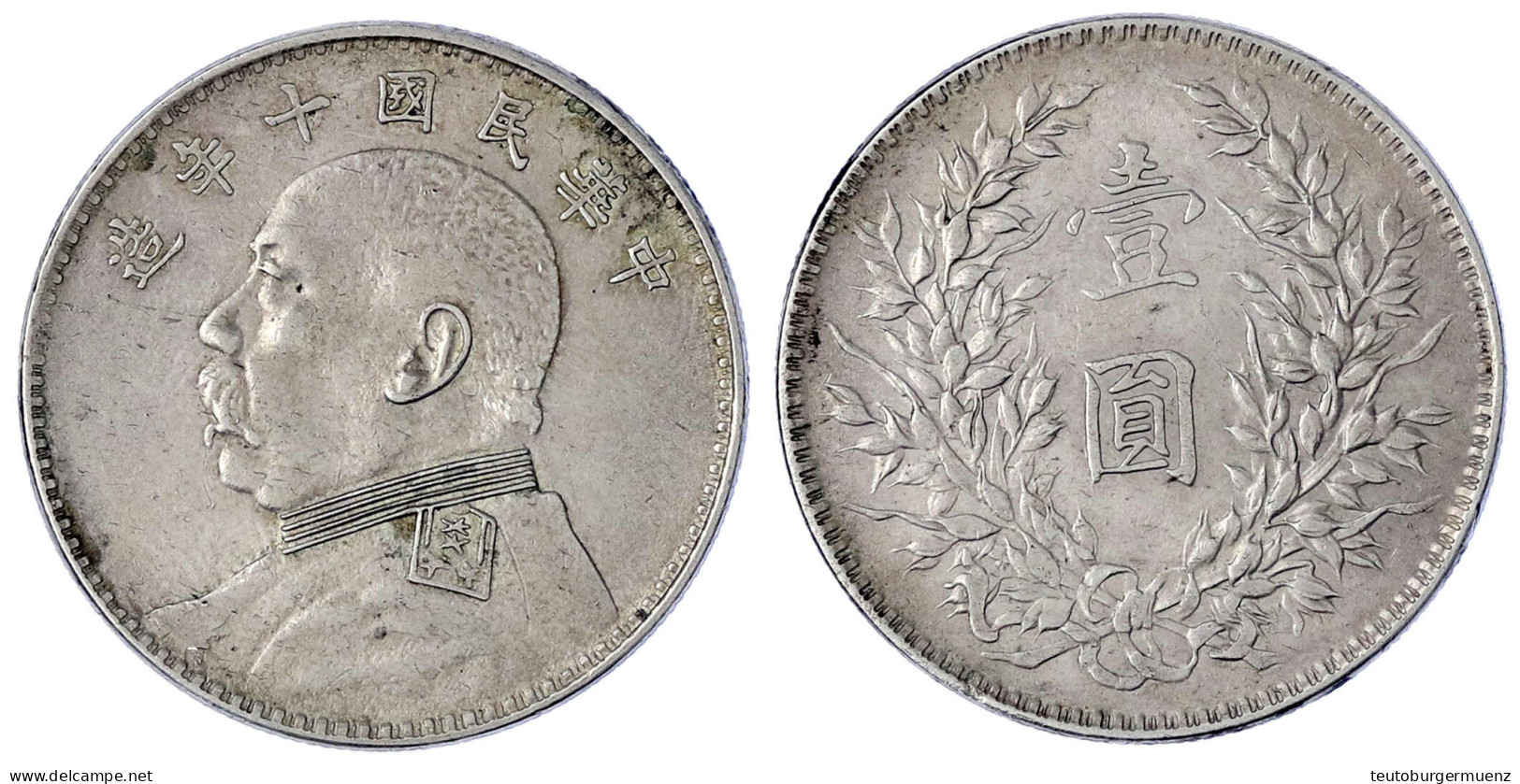 Dollar (Yuan) Jahr 10 = 1921, Präsident Yuan Shih-kai. 26,71 G. Gutes Sehr Schön, Kl. Randfehler. Lin Gwo Ming 79. Yeoma - China