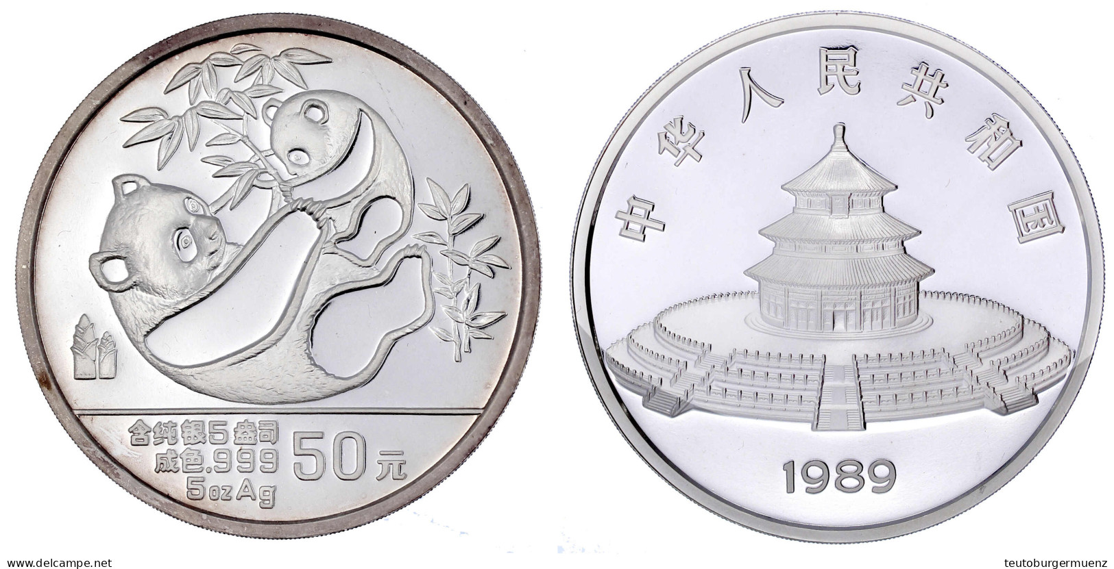 50 Yuan 5 Unzen Silbermünze 1989. Panda, Auf Dem Rücken Liegend, Mit Jungem Auf Dem Bauch. In Holzschatulle Mit Zertifik - Chine