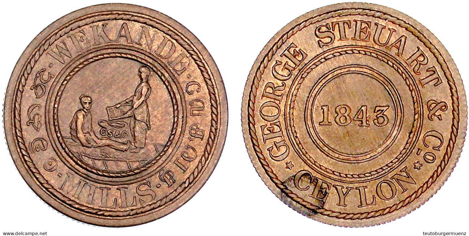 Cent-Token 1843 Wekande-Mills. 29 Mm. Vorzüglich/Stempelglanz, Kl. Fleck. Pridmore 96. - Sri Lanka