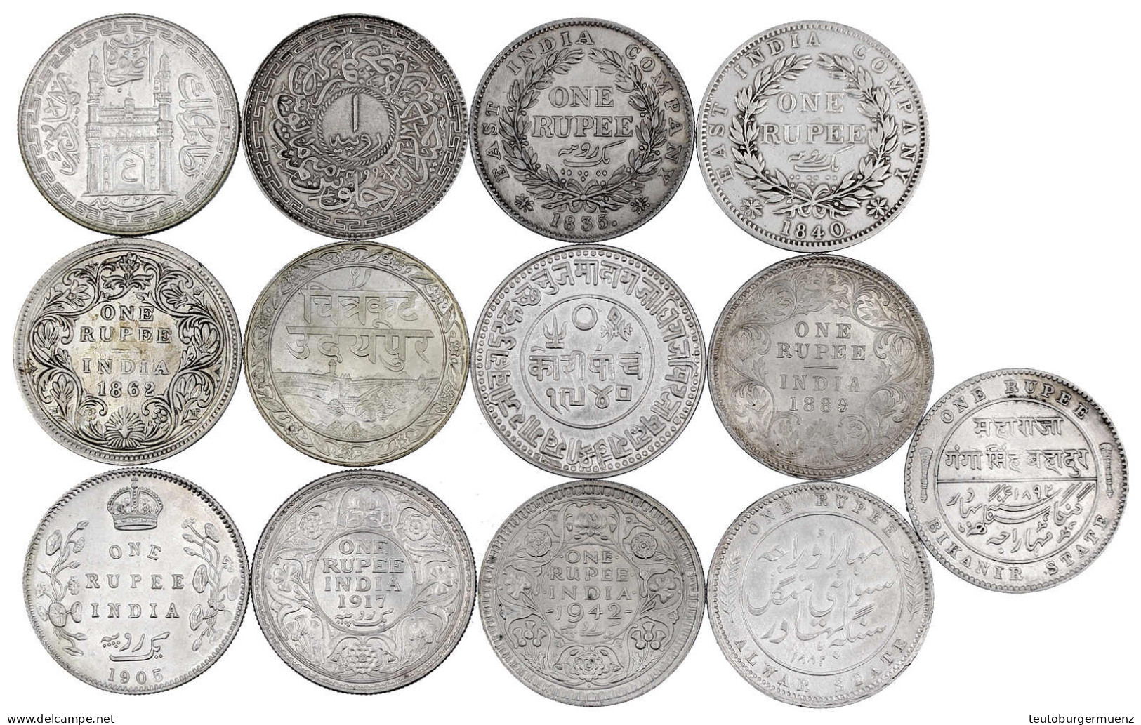 13 Silbermünzen: Rupien Britisch-Indien 1835, 1840, 1862, 1889, 1905, 1917, 1942, Alwar 1882, Bikanir 1892, Hyderabad AH - India