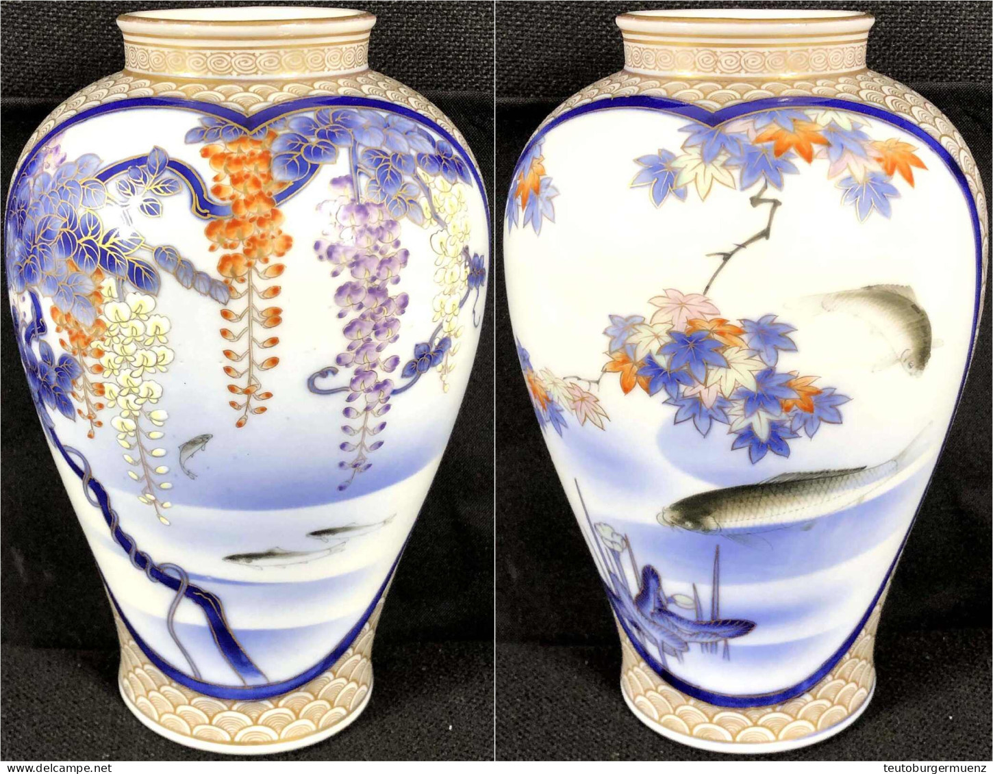 Porzellanvase, Fukagawa 深川 政. Motiv Fische Im See. Höhe 22 Cm - Japon