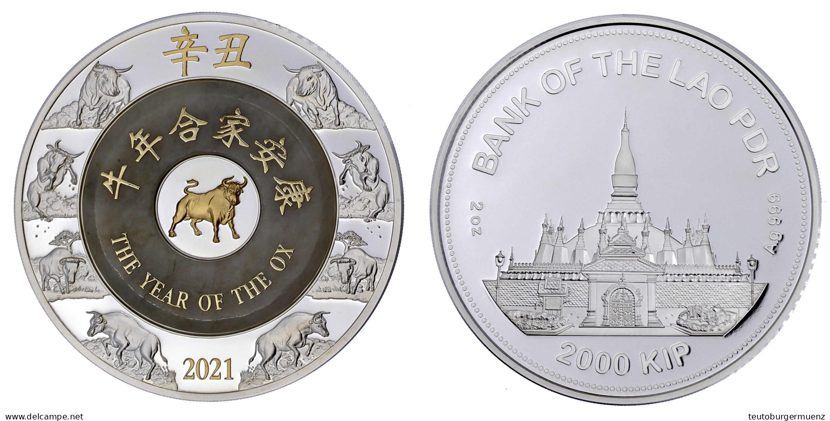 2000 Kip Silber (2 Unzen), Lunar 2021. Jahr Des Ochsen. (Mit Eingelegter Edelsteinplatte Aus Jade), 999er Silber. 62,20  - Laos