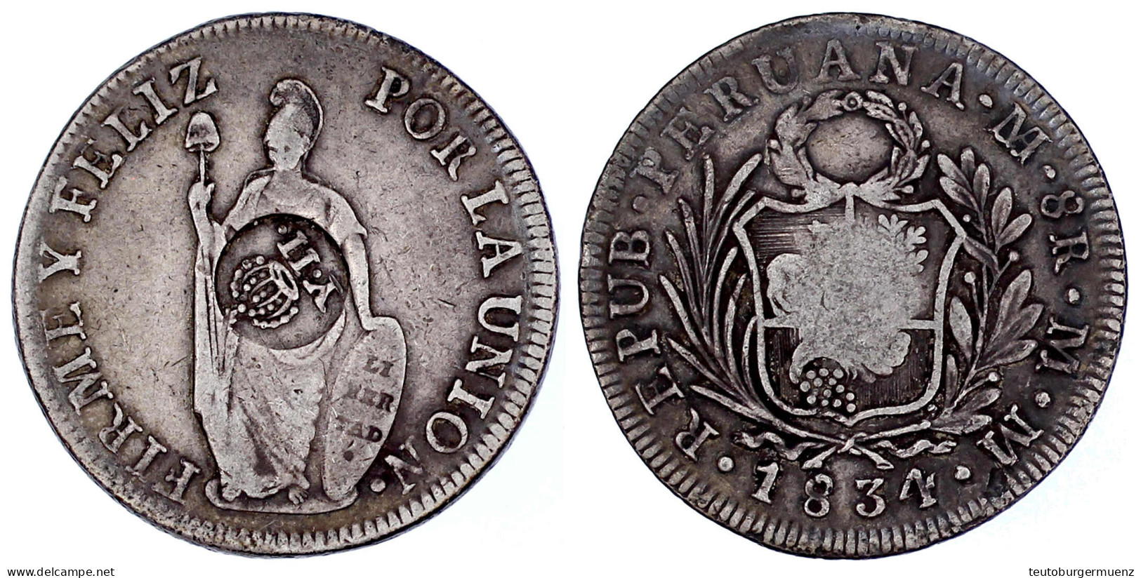 Peru 8 Reales 1834 Lima, MM, Mit Gegenstempel Isabella II. (1834/1837). Fast Sehr Schön. Krause/Mishler 138.2. - Philippinen