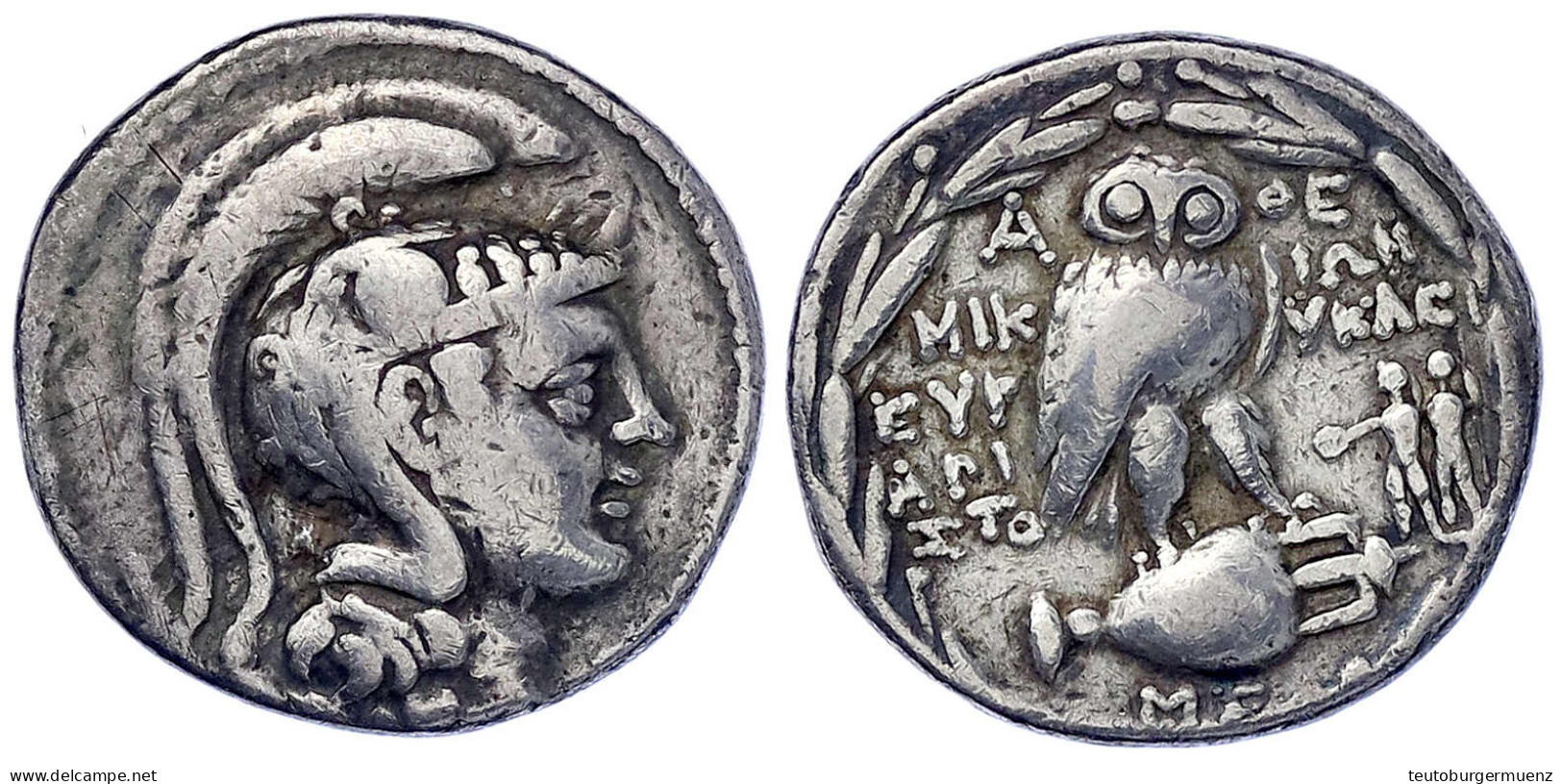 Tetradrachme "neuer Stil" 196/87 V.Chr. ΜΙΚΙΩΝ ΕΥEΡΥΚΛΕ ΠΑΡΑ. 16,55 G. Schön/sehr Schön. BMC 462. - Greek