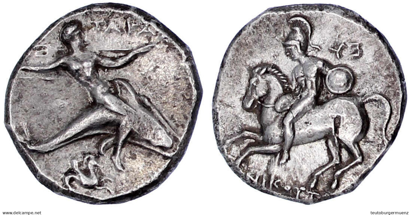 Nomos (Didrachme) 281/270 V. Chr. Krieger Zu Pferd L. EY (rethrograd), Unten NIKΩTT/Taras Reitet Auf Delfin R., Schulter - Griechische Münzen