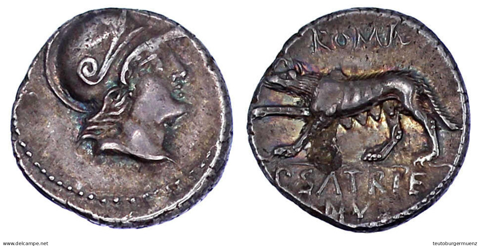 Denar 77 V. Chr. Marskopf R./ROMA P. SATRIE NVS. Wölfin L. 3,91 G. Vorzüglich, Schrötlingsfehler, Schöne Patina. Sydenha - Sonstige & Ohne Zuordnung