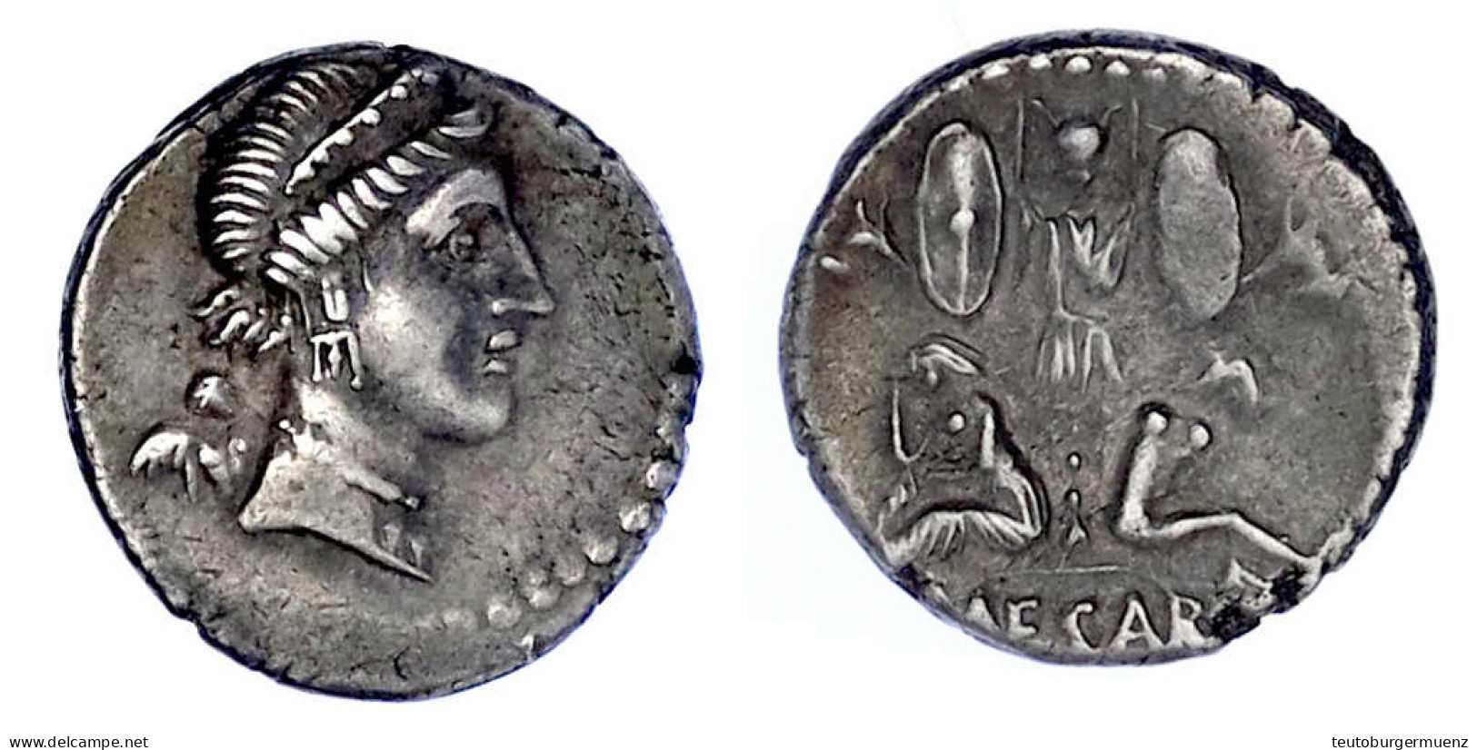 Denar 46/45 V. Chr. Diadem. Kopf Der Venus R., Auf Schulter Cupidus/gallische Trophäe, Unten Zwei Sitzende Gallische Gef - Other & Unclassified