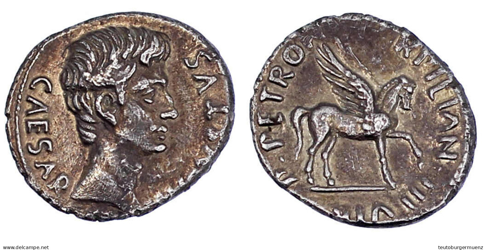 Denar 19 V. Chr. CAESAR AVGUSTVS. Kopf R./P PETRON TVRPILIAN III VIR. Pegasus R. 3,70 G. Vorzüglich, Felder Altgeglättet - Autres & Non Classés