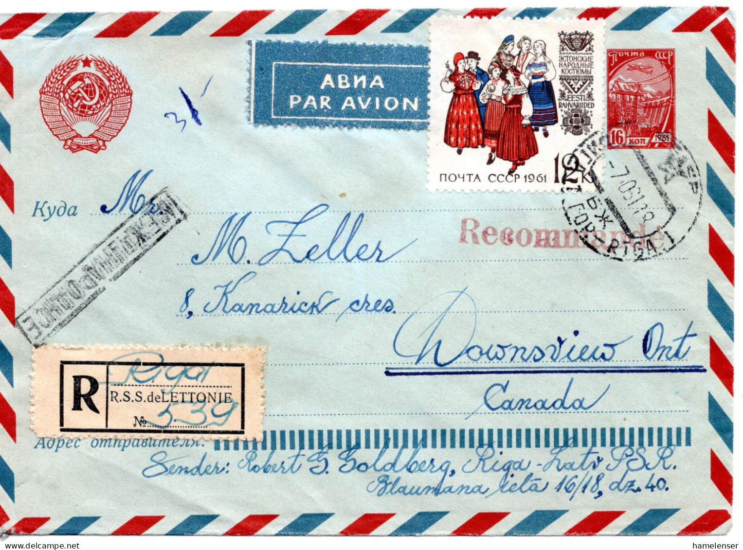 71646 - Russland / UdSSR - 1961 - 16K GALpUmschlag M ZusFrankatur Per Einschreiben RIGA -> MONTREAL -> Downsview (Canada - Cartas & Documentos