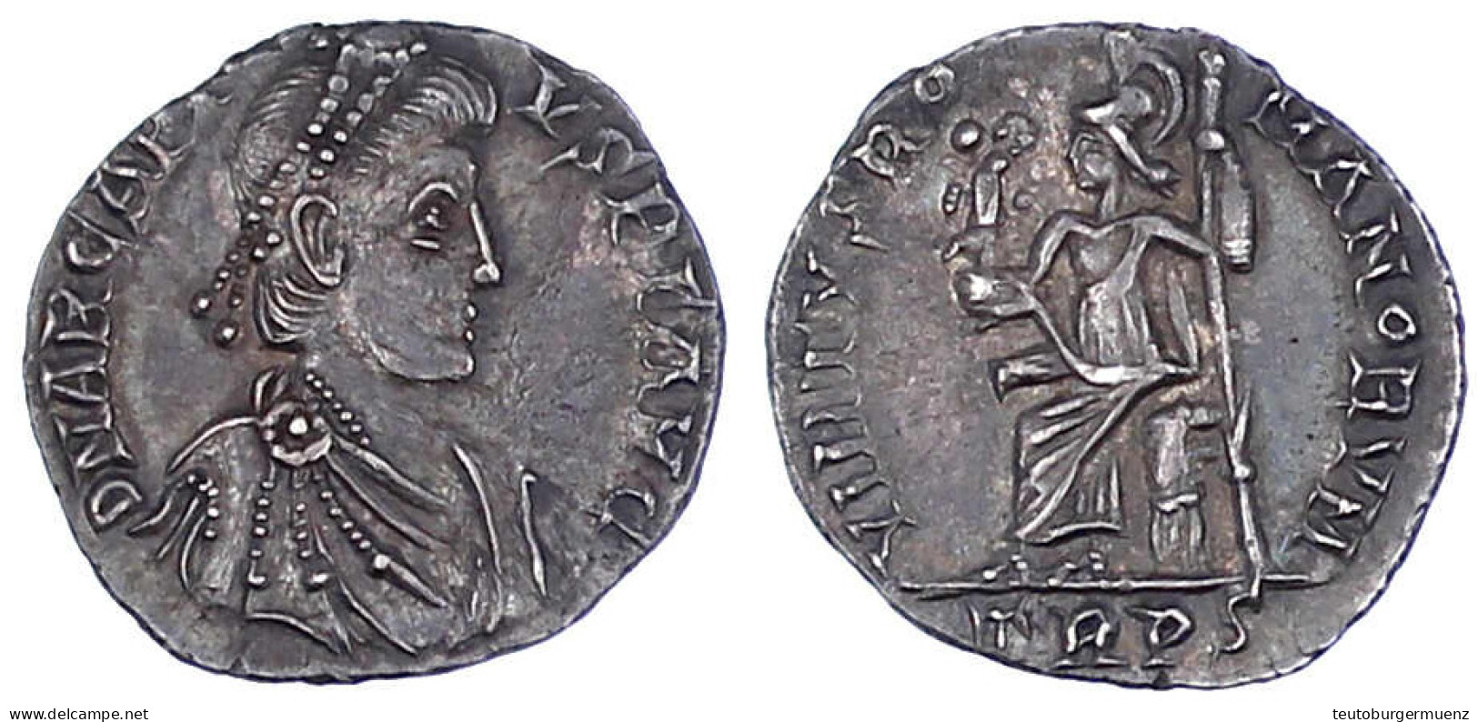 Siliqua 383/408 Trier. Brb. R./VIRTVS ROMANORVM TRPS. Roma Sitzt L. Mit Victoriola. 1,62 G. Vorzüglich/Stempelglanz, Pra - Sonstige & Ohne Zuordnung