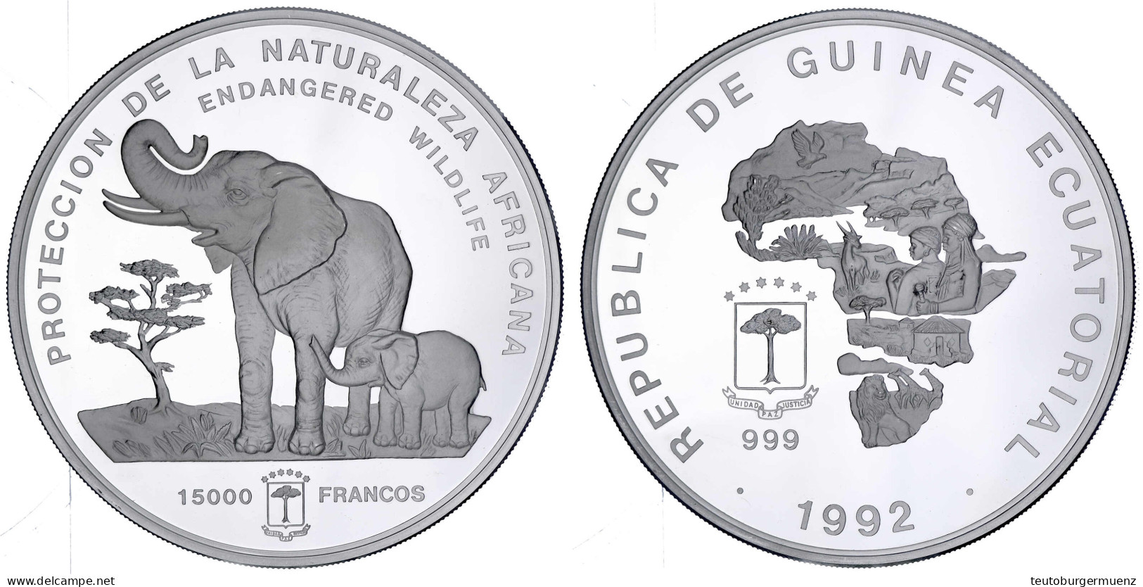 15000 Francos 1992 Bedrohte Tierwelt. Elefanten. 1 Kilo Feinsilber. Polierte Platte. Krause/Mishler 75. - Guinée Equatoriale