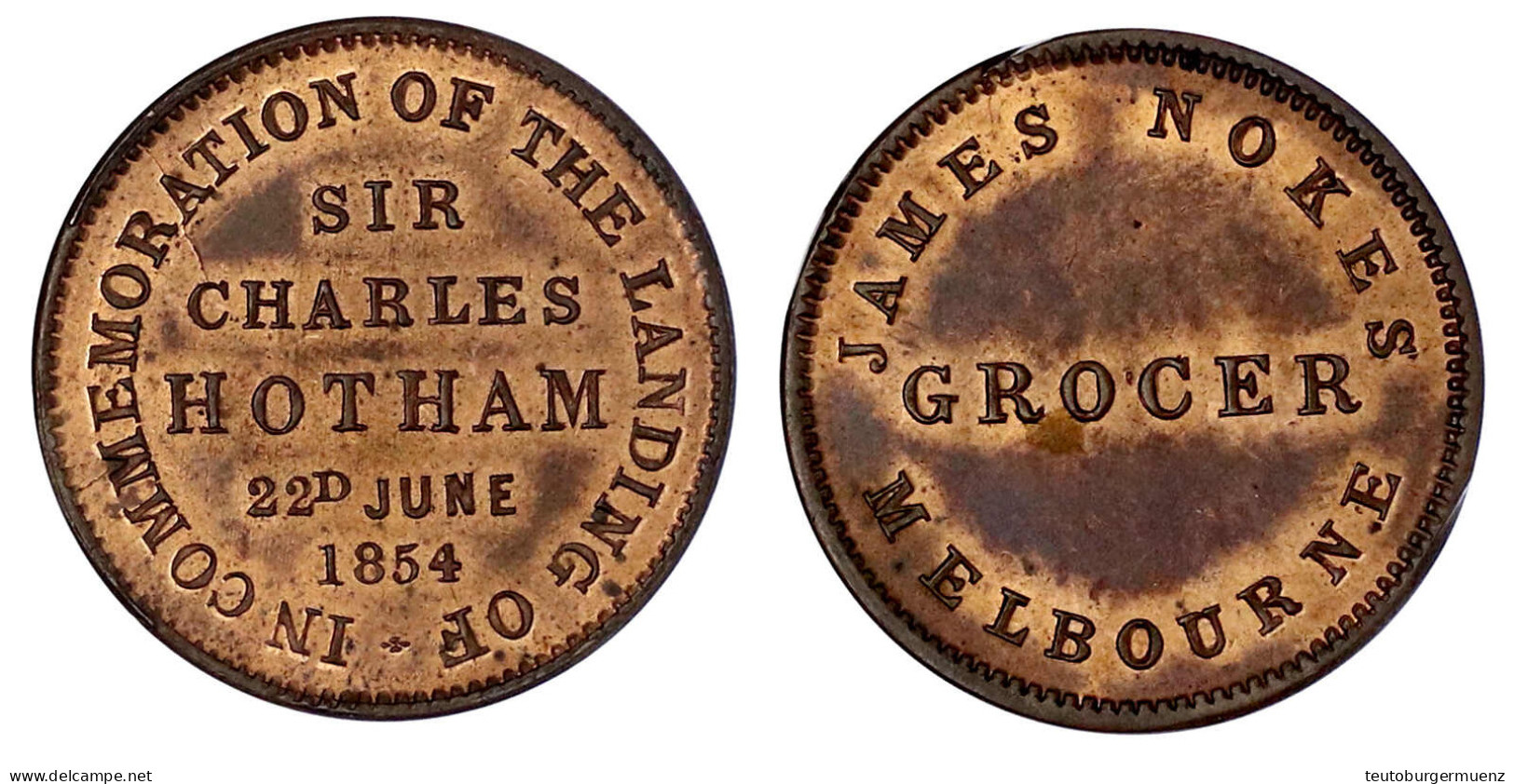 Halfpenny-Token 1854. James Nokes Grocer Und Sir Charles Hotham, Melbourne. Vorzüglich/Stempelglanz, Kl. Randfehler. Kra - Sonstige & Ohne Zuordnung