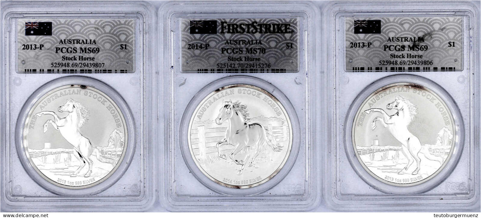 3 X 1 Dollar Stock Horse (je 1 Unze): 2 X 2013, Je Im PCGS-Blister Mit Grading MS69 Und 1 X 2014 Im PCGS-Blister Mit Gra - Sonstige & Ohne Zuordnung