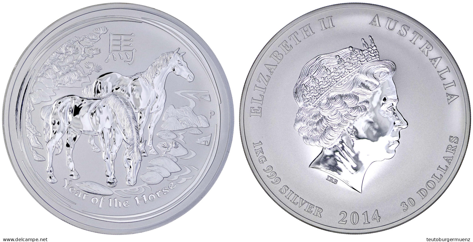 30 Dollars (1 Kg.) Silbermünze 2014, Jahr Des Pferdes. In Kapsel. Stempelglanz. Krause/Mishler 2115. - Autres & Non Classés