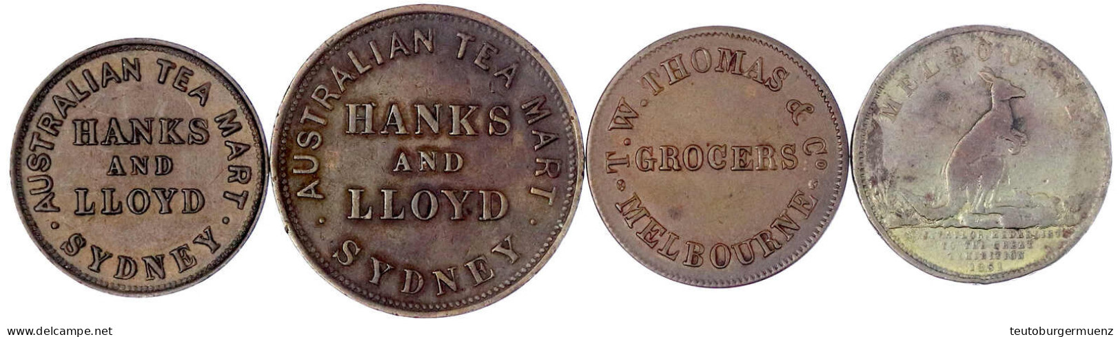 4 Kupfer-Tokens: Hanks &amp; Lloyd Sydney Halfpenny Und Penny 1855, W. Thomas/C. Hotham Halfpenny 1854, J. Taylor Melbou - Other & Unclassified