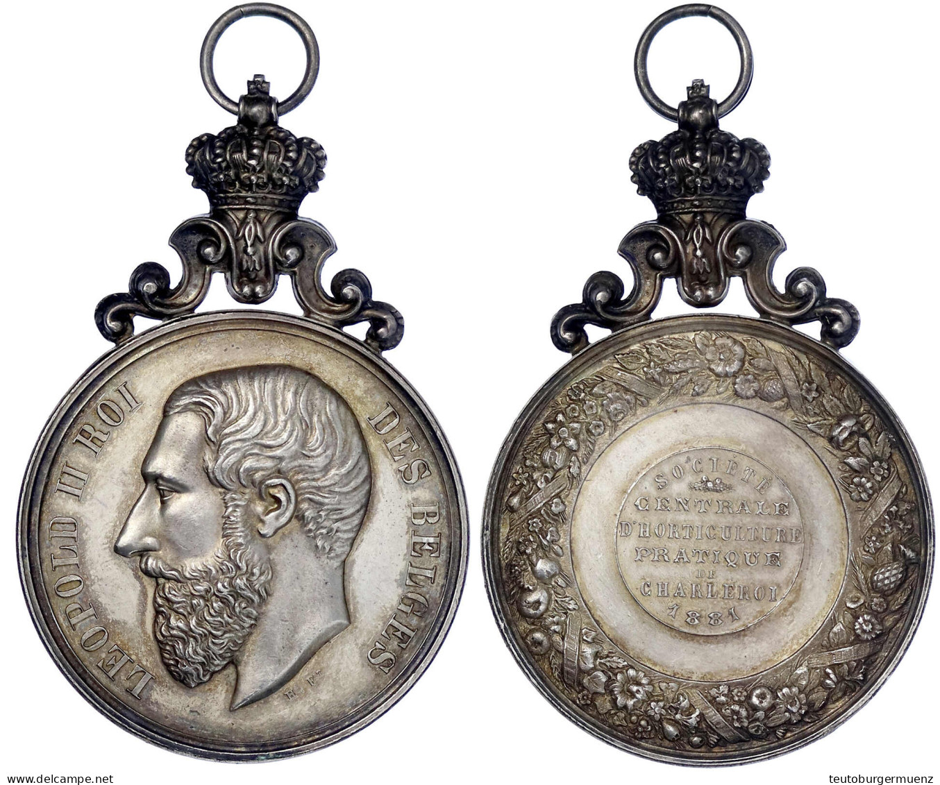 Tragbare Silbermedaille Mit Geprägtem Aufsatz 1881 Von H. Ft. Gartenbauges. Von Charleroi. 50 X 77 Mm; 45,60 G. Vorzügli - Otros & Sin Clasificación