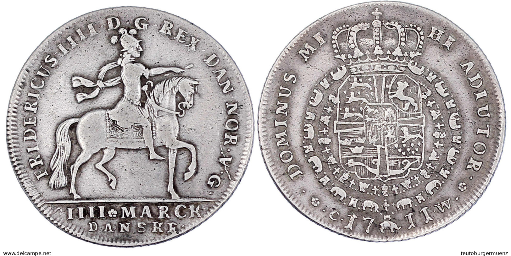 Krone Zu 4 Mark 1711 CW Kopenhagen. König Zu Pferd N.r./gekr. Wappen In Elefanten-Ordenskette. 22,24 G. Fast Sehr Schön. - Dänemark