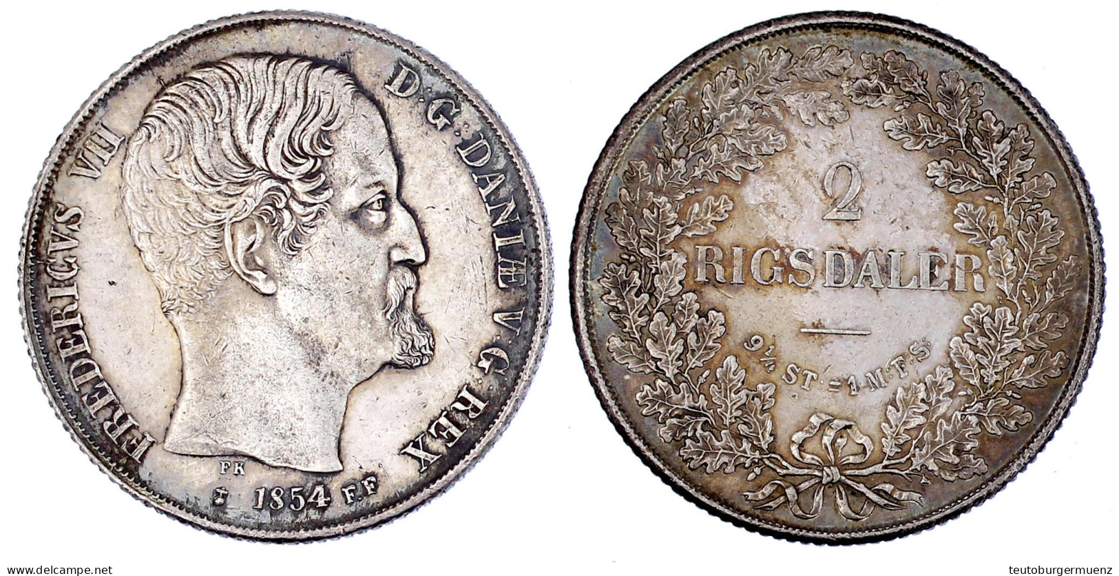 2 Rigsdaler 1854 FF. Sehr Schön/vorzüglich, Feine Tönung. Hede 6B. Sieg 14.2. - Dänemark