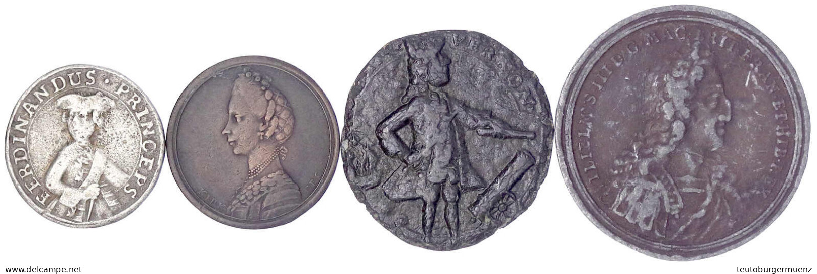 4 Alte Medaillen: William III. 1691 (Blei), Charlotte 1773 (Kupfer), Admiral Vernon (Kupfer, Stark Beschädigt), Prinz Fe - Other & Unclassified