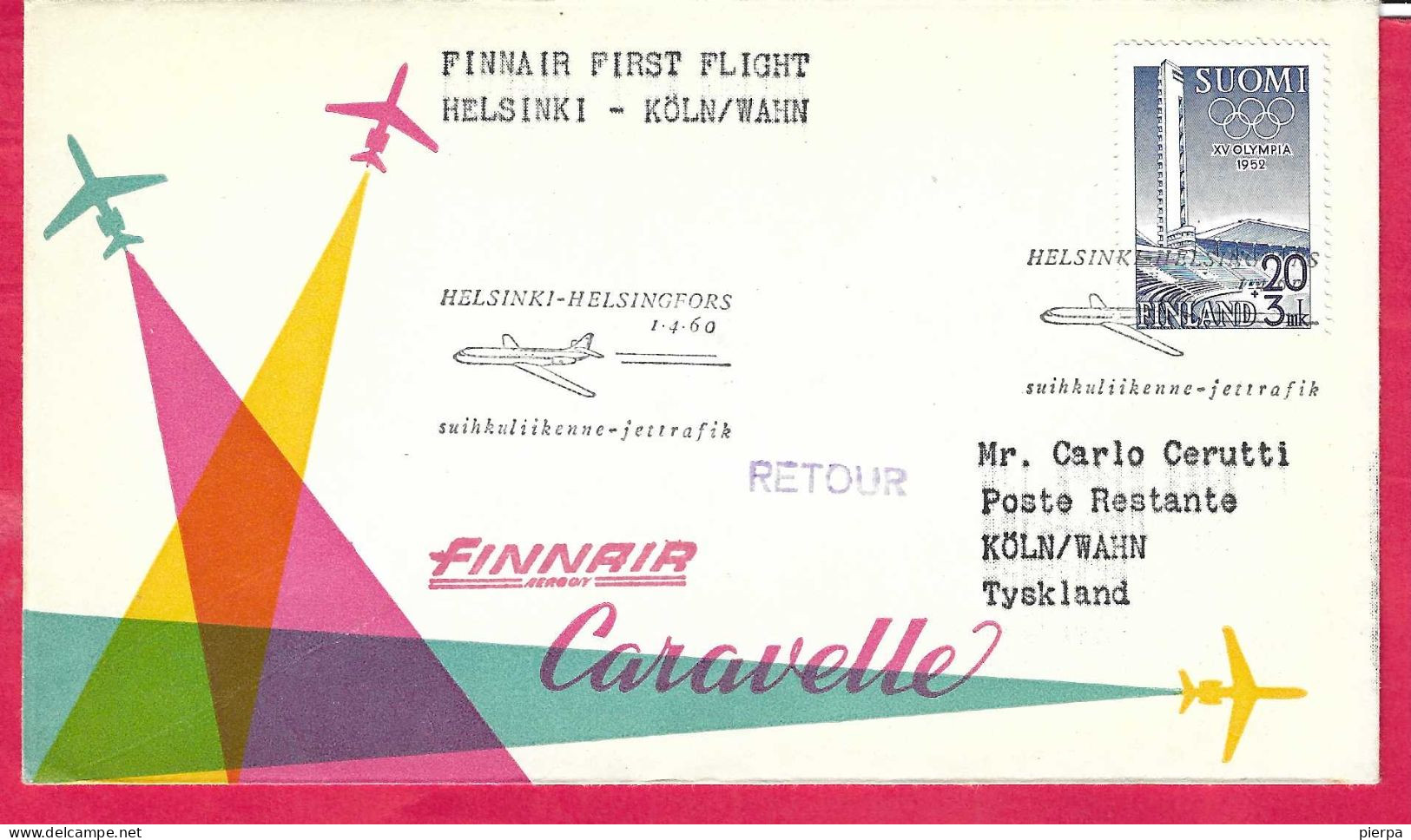 FINLAND - FIRST CARAVELLE FLIGHT FINNAIR FROM HELSINKI TO KOLN *1.4.60* ON OFFICIAL COVER - Lettres & Documents