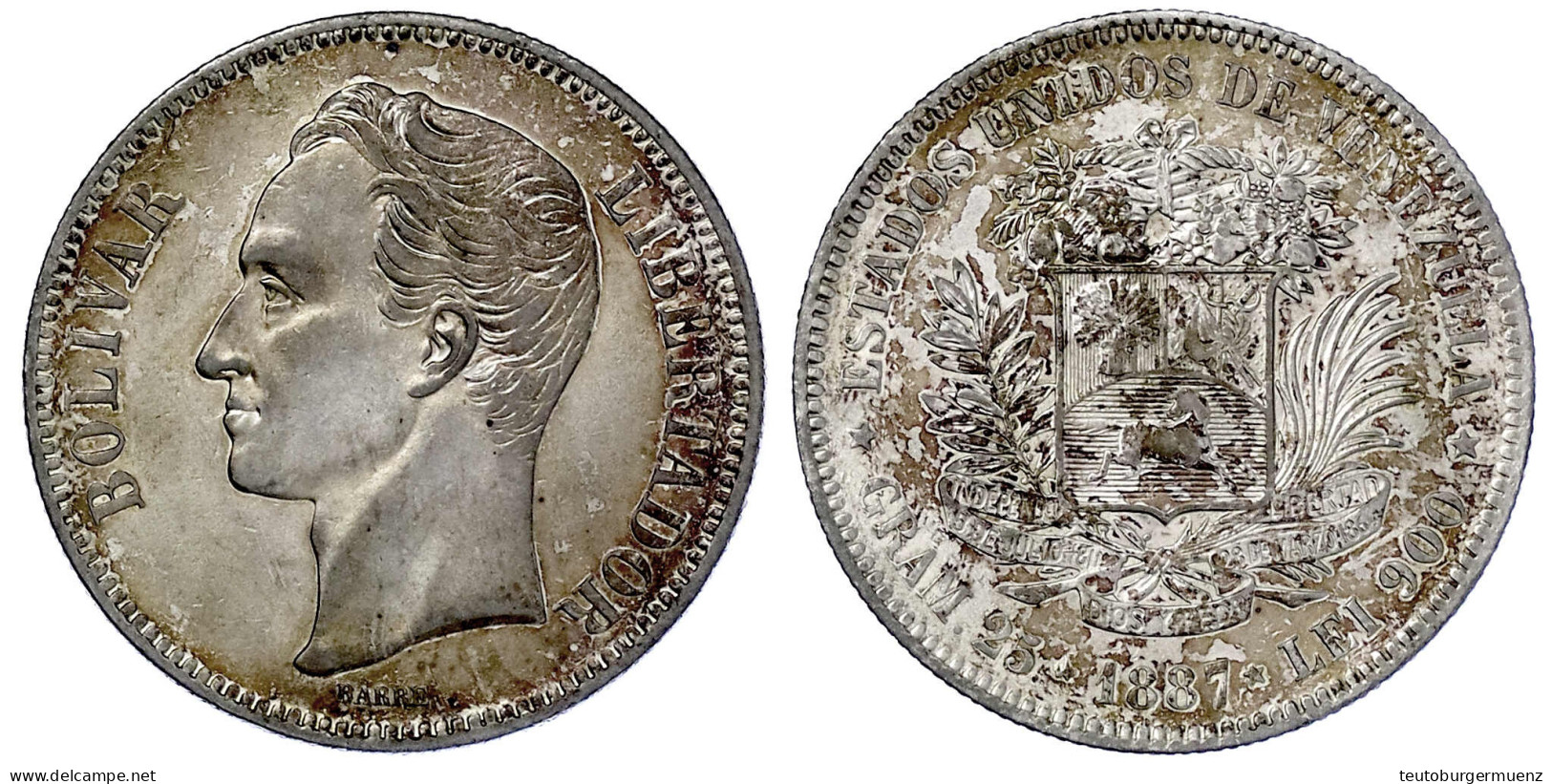 5 Bolivares 1887. Sehr Schön/vorzüglich, Selten. Yeoman 24.1. - Venezuela