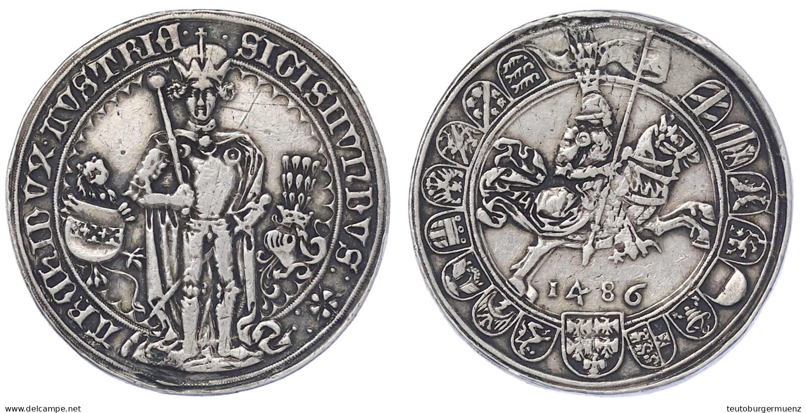 Guldiner 1486, Hall. Stempel V. Wenzel Kröndl. Stehender Erzherzog Mit Geschultertem Zepter Zwischen Wappen Und Helm Mit - Gold Coins