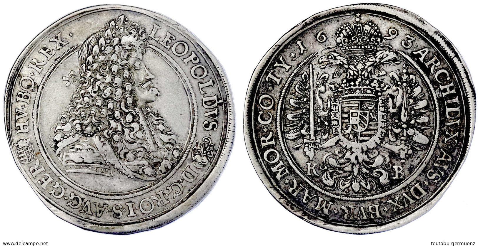 Breiter Reichstaler 1693 KB, Kremnitz. Mit Löwenkopfschulter. 28,23 G. Sehr Schön. Herinek 736. - Goldmünzen