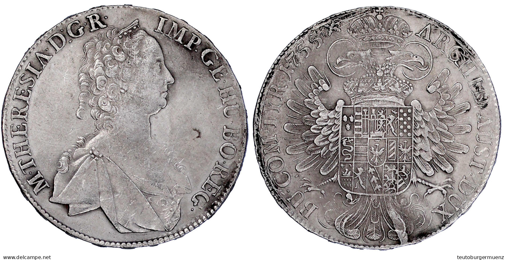 Konventionstaler 1755, Hall. 27,73 G. Sehr Schön/vorzüglich, Kl. Kratzer, Gereinigt. Herinek 449. - Gold Coins