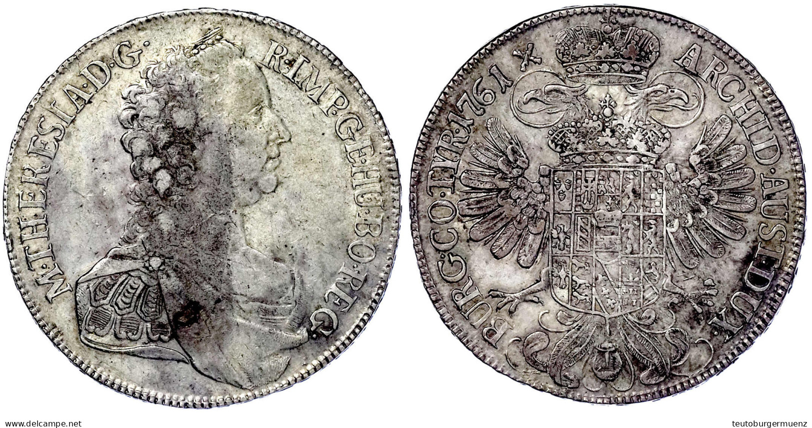 Konventionstaler 1761, Hall. 28,00 G. Fast Vorzüglich, Min. Kratzer, Schöne Patina. Herinek 456. - Goldmünzen