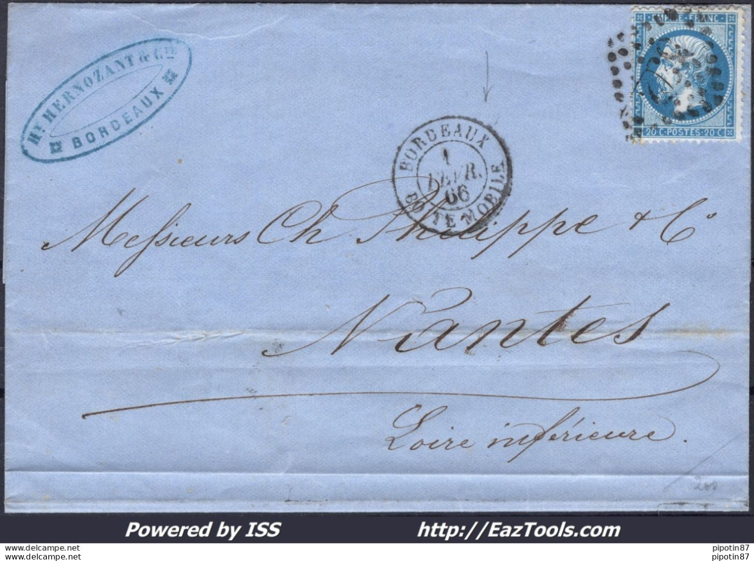 FRANCE N° 22 SUR LETTRE GC 532 BORDEAUX + CAD BOITE MOBILE DU 01/02/1866 - 1862 Napoléon III.